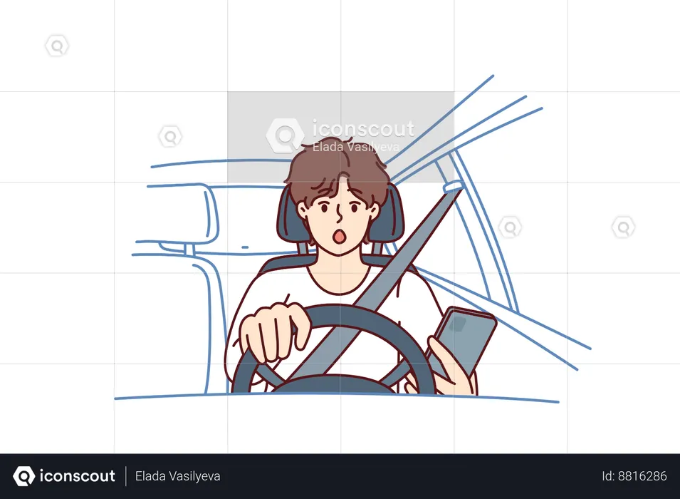 Le conducteur a peur en conduisant sa voiture  Illustration