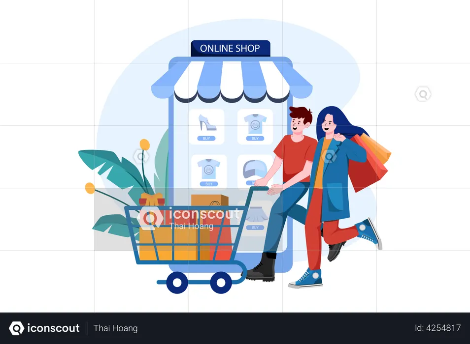 Le couple fait ses courses dans une boutique en ligne mobile.  Illustration