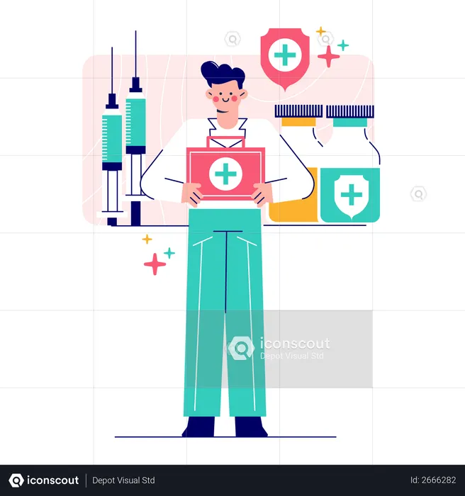 Le médecin apporte le kit de vaccin  Illustration