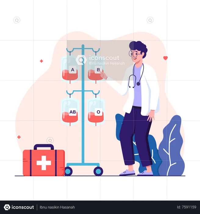 Le médecin se tient à côté d'une poche de sang avec une étiquette du système des différents groupes sanguins A, B, O et Rh  Illustration