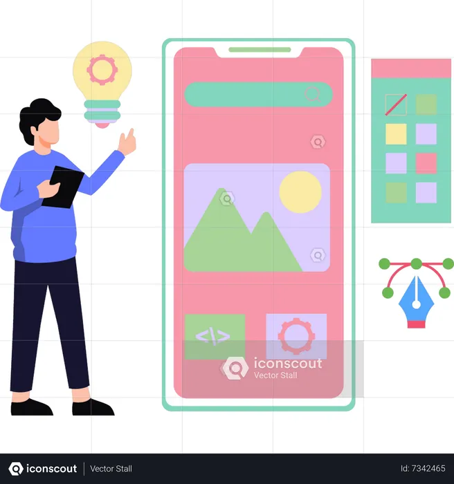 Le garçon a une idée pour un design mobile  Illustration