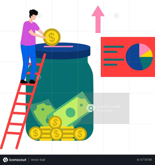 Le garçon économise de l'argent dans un pot  Illustration