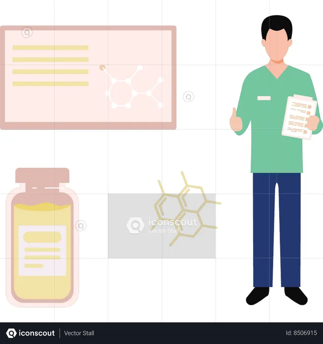 Le garçon se tient à côté de la bouteille de produits chimiques  Illustration