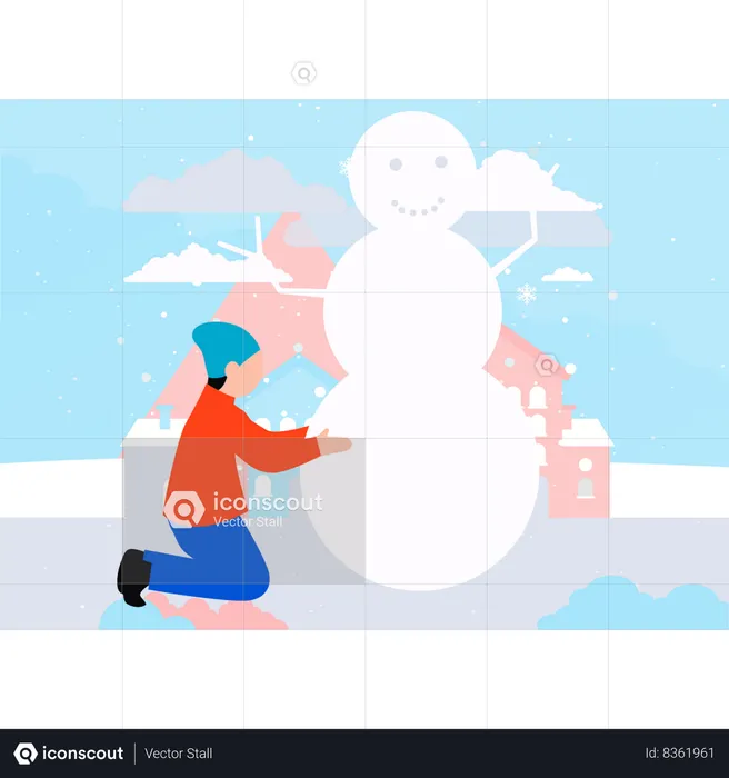 Le garçon fait un bonhomme de neige  Illustration