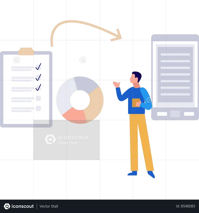 Le garçon montre la liste de contrôle de conversion en fichier de document  Illustration