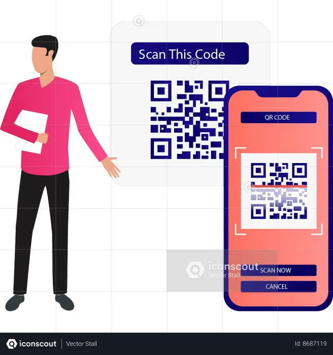 Le garçon montre le code QR sur son mobile  Illustration