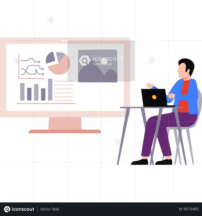 Le garçon montre un graphique sur l'écran du moniteur  Illustration