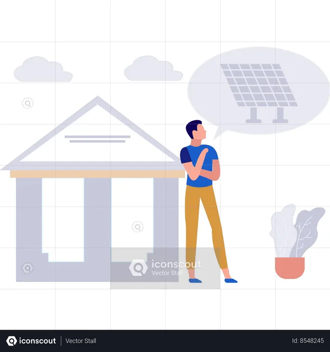 Un garçon envisage d'installer des panneaux solaires  Illustration