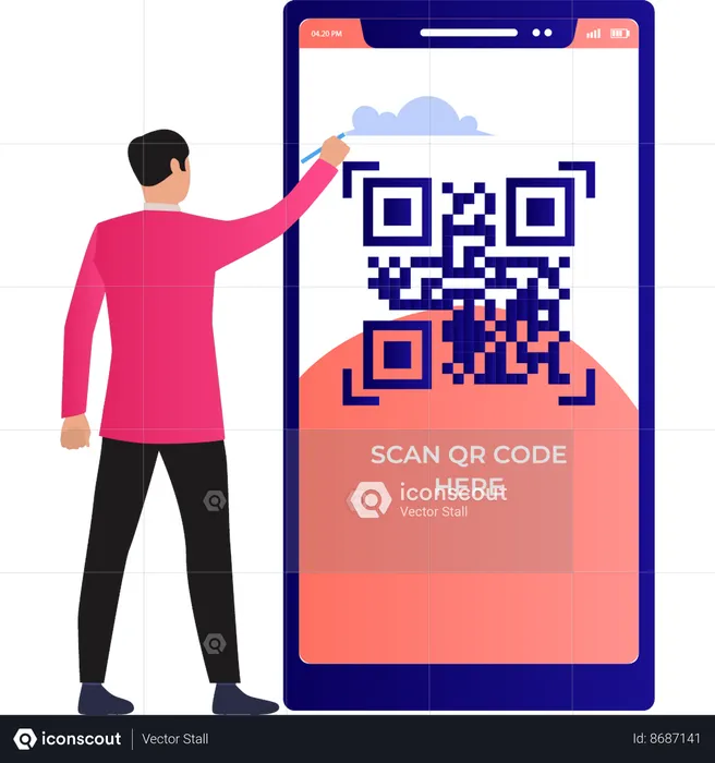 Le garçon regarde le code QR  Illustration