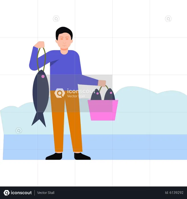 Le garçon tient un seau de poisson  Illustration