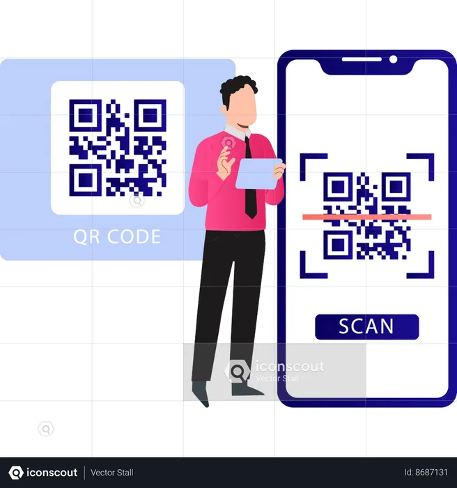 Le garçon travaille sur la numérisation du code QR  Illustration