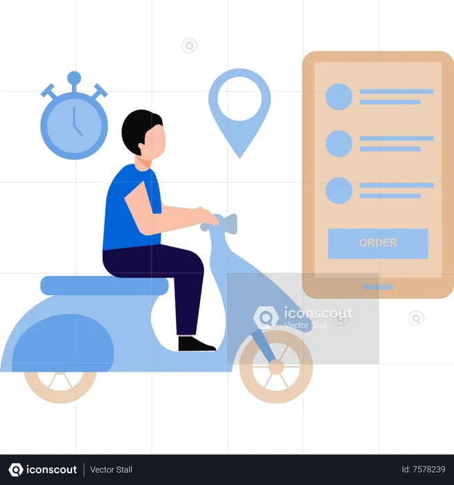 Le garçon va livrer la commande sur un scooter  Illustration