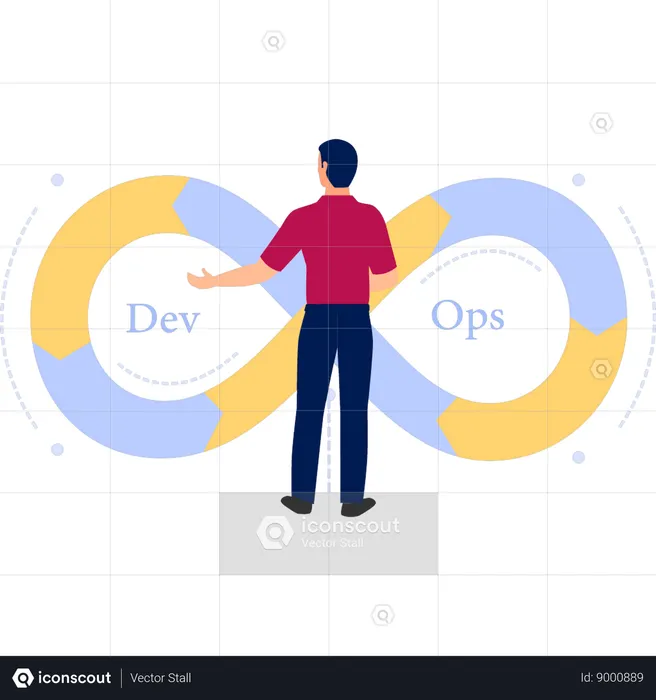 Guy regarde le signe de l'infini DevOps  Illustration