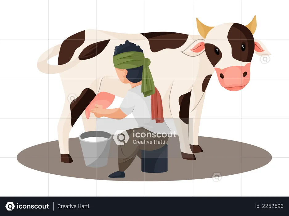 Milkman extrait le lait de la vache dans un seau  Illustration