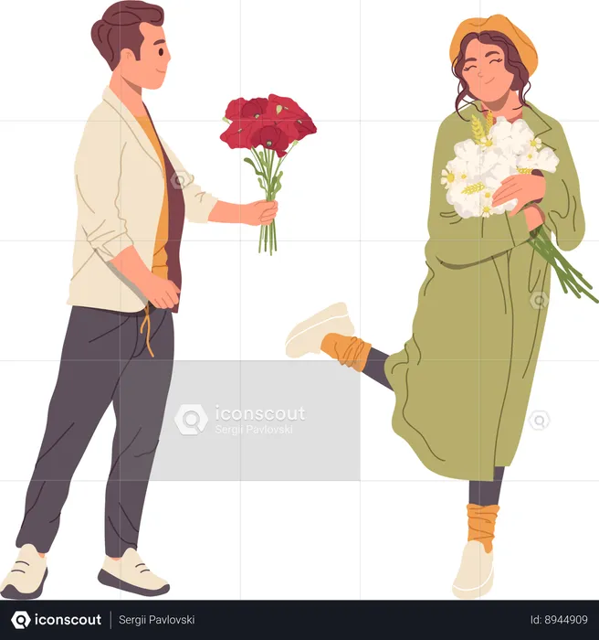 Le mari surprend sa femme avec un bouquet de fleurs  Illustration