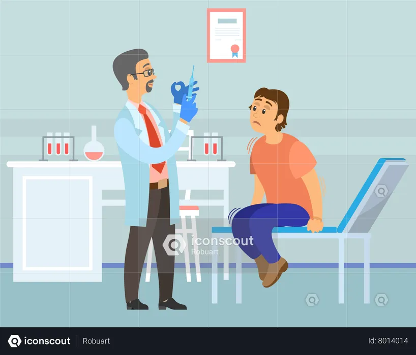 Un médecin prépare un vaccin à un patient hospitalisé  Illustration