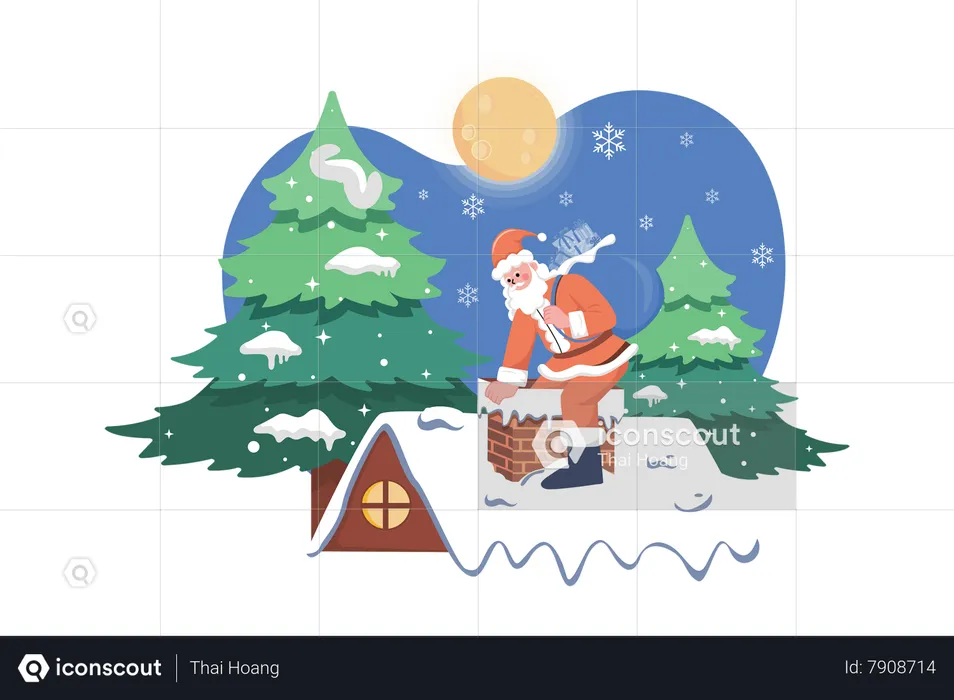 Père Noël entrant dans la cheminée de la maison  Illustration