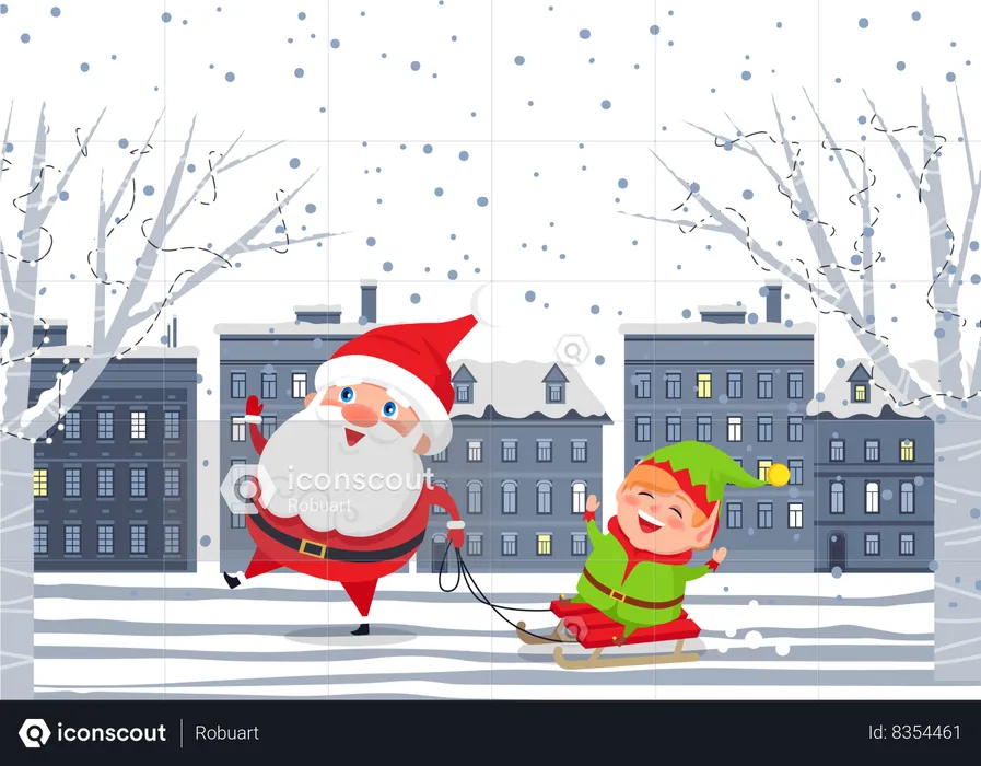 Père Noël et elfe en traîneau marchant dans la ville du soir  Illustration