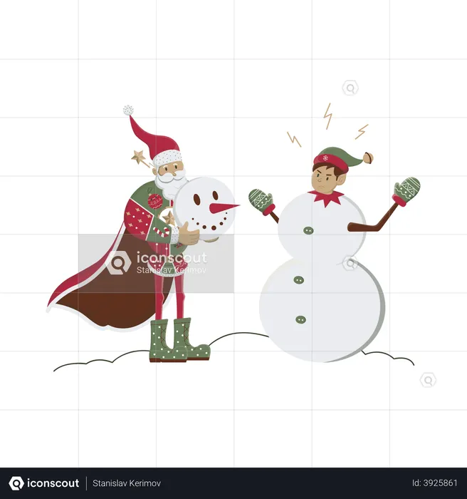 Père Noël inventant un elfe en bonhomme de neige  Illustration