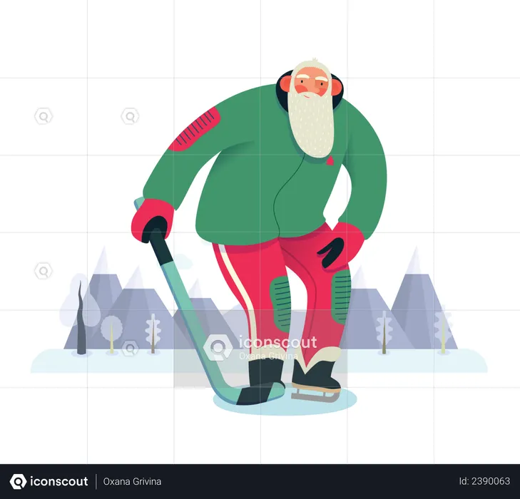 Père Noël jouant au hockey sur glace  Illustration