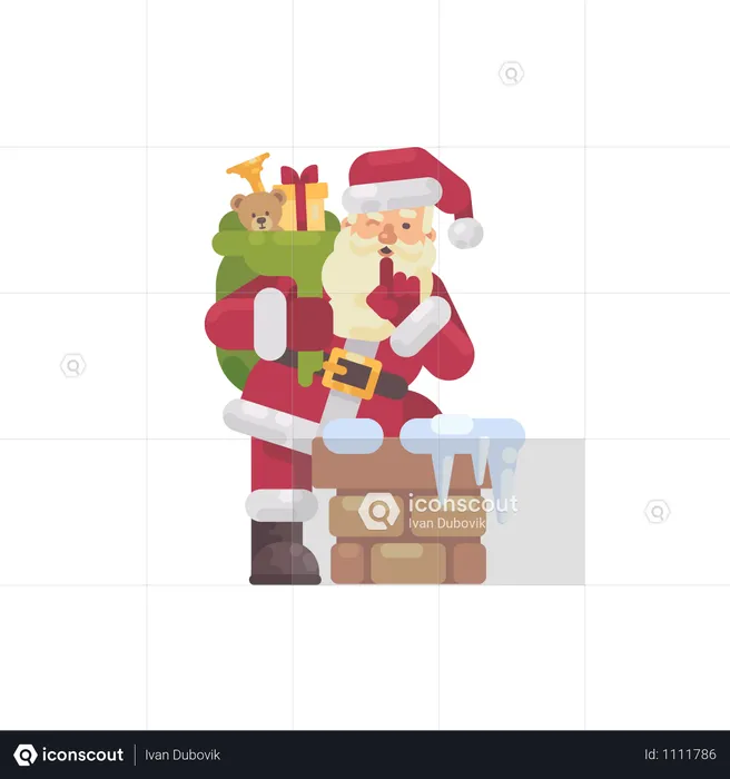 Père Noël grimpant dans la cheminée avec un sac de cadeaux  Illustration