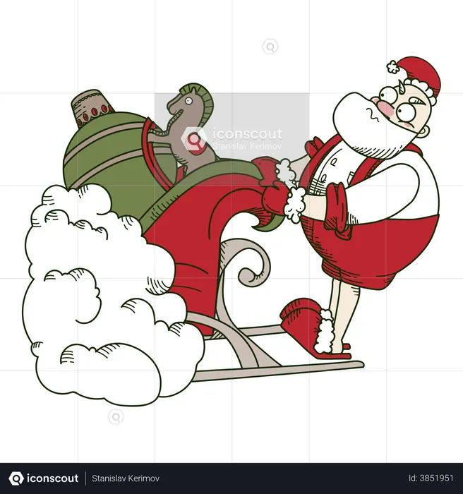 Le Père Noël sort un traîneau avec des cadeaux  Illustration