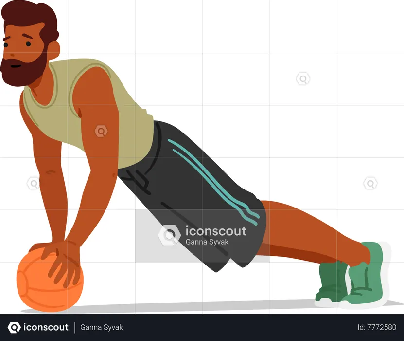 Le personnage de Fitness Man effectue des pompes à l'aide du ballon de stabilité  Illustration