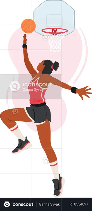 Un personnage de basket-ball féminin féroce s'élève dans les airs  Illustration