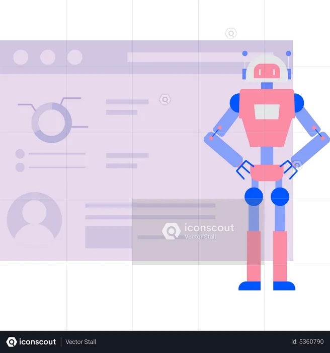 Le robot travaille sur un rapport graphique sur une page Web  Illustration