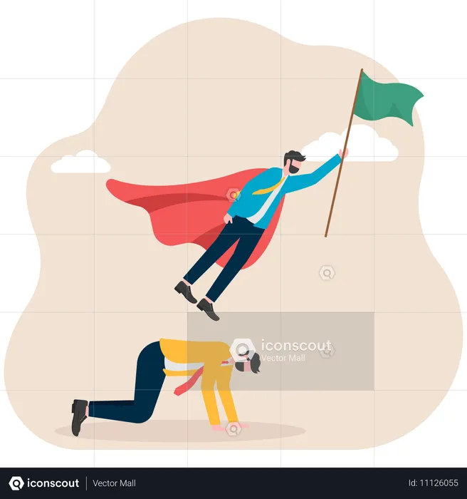 Leader holding flag and stepping on back of kneeling companion to succeed  Illustration