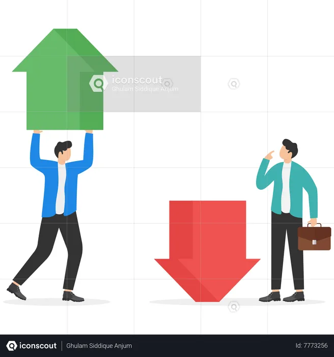 Leader holding red up arrow above his head and employee sit on blue down arrows  Illustration