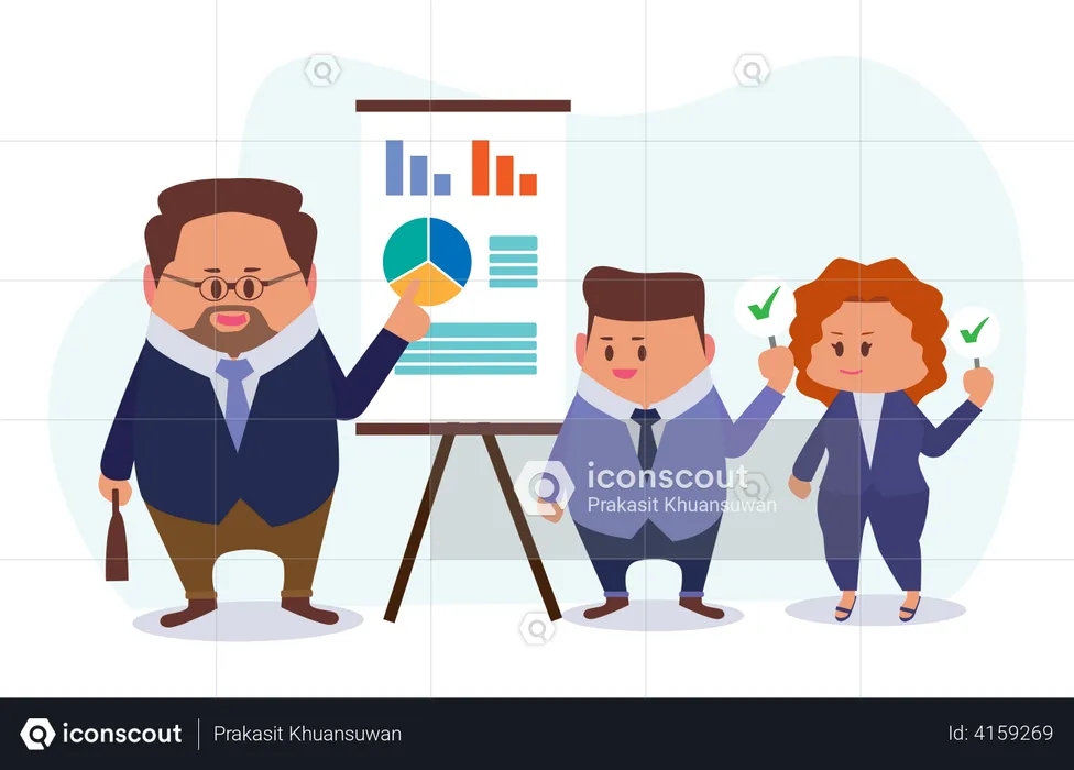 Leader present business growth with graphs on the board and the colleague holds up true sign  Illustration