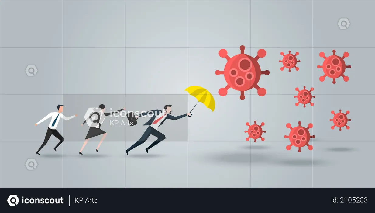 Leader Protect His Team, a Businessman With Yellow Umbrella Defense Coronavirus 2019 or Covid-19  Illustration