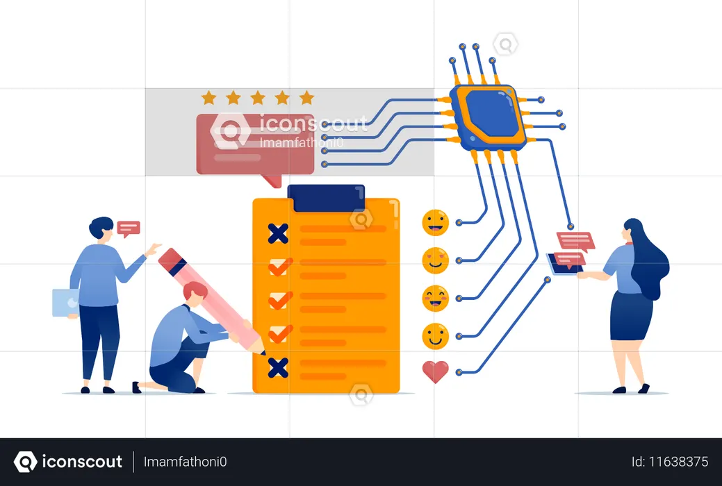 学習エンジンチップとプロセッサは、AI駆動のクラウドベースの精度でフィードバックとレビューを提供しながら、アンケート、試験、クイズの選択を支援します。  イラスト