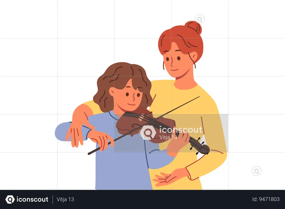 Learning to play violin for teenage girl from professional teacher who helps to hold bow correctly  Illustration