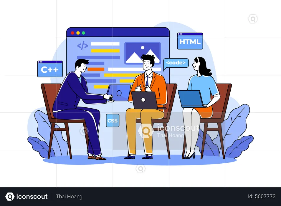 L'équipe écrit le code de programmation pour une application ou un site Web  Illustration