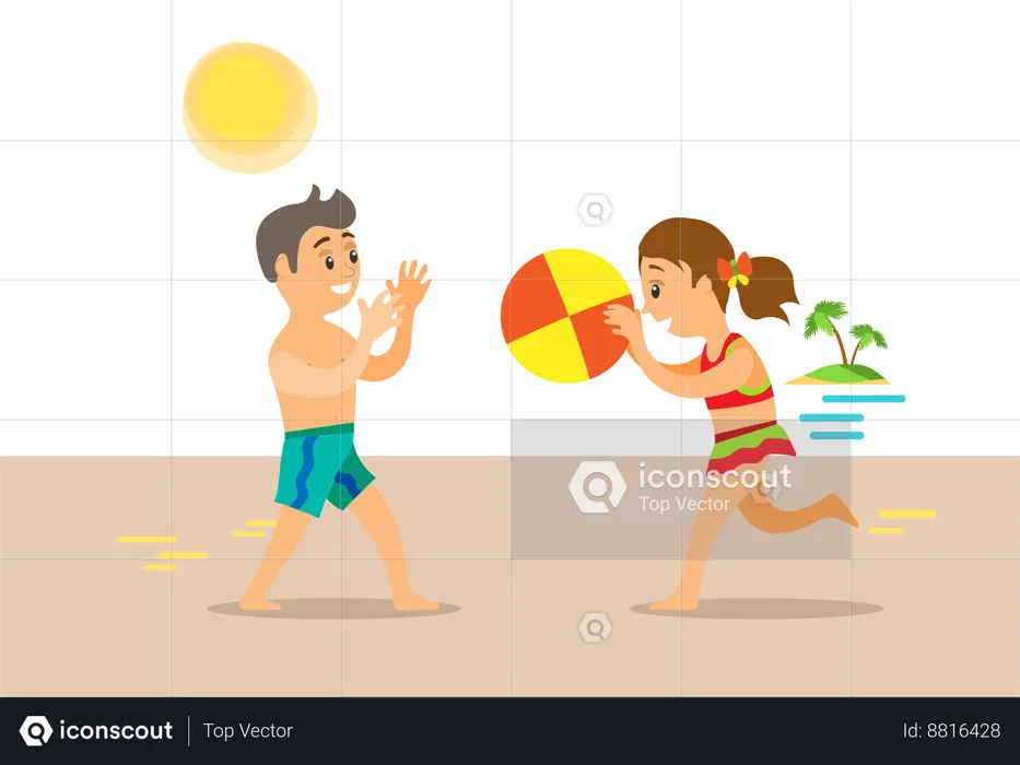 Les enfants jouent au ballon à la plage  Illustration