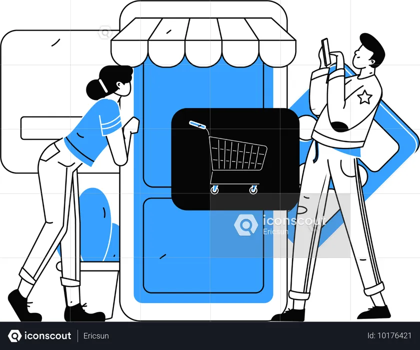 Les gens ajoutent un produit au panier dans une application d'achat en ligne  Illustration