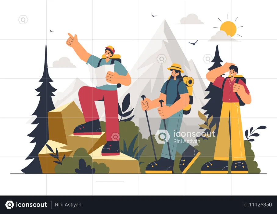 Les gens apprécient la randonnée en montagne  Illustration