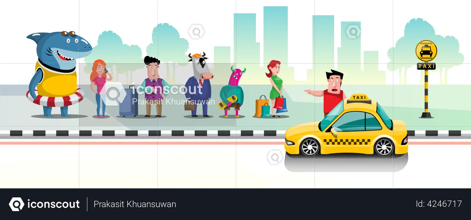 Les gens font la queue pour les taxis à la station de taxis en ville  Illustration