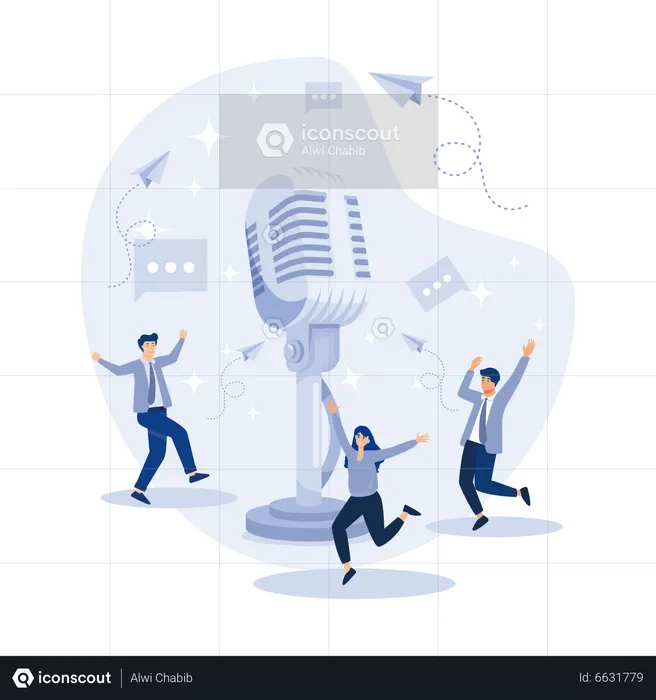 Les gens utilisent un microphone pour enregistrer un message  Illustration