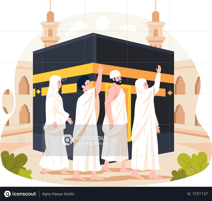 Les musulmans font le Tawaf ou se promènent autour de la Kaaba à La Mecque  Illustration