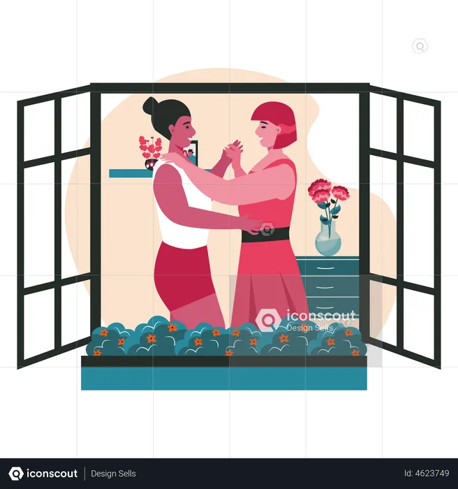Lesbian couple dancing in house  Illustration