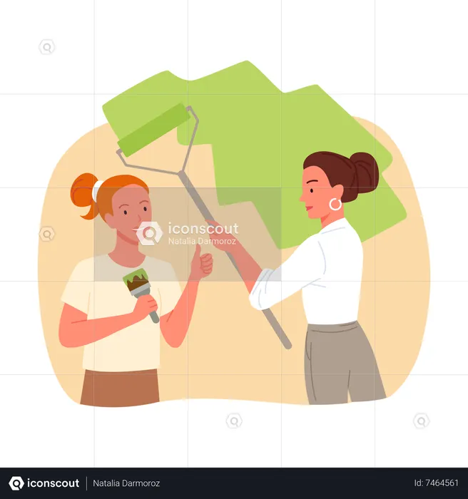 Lesbian couple painting wall together  Illustration