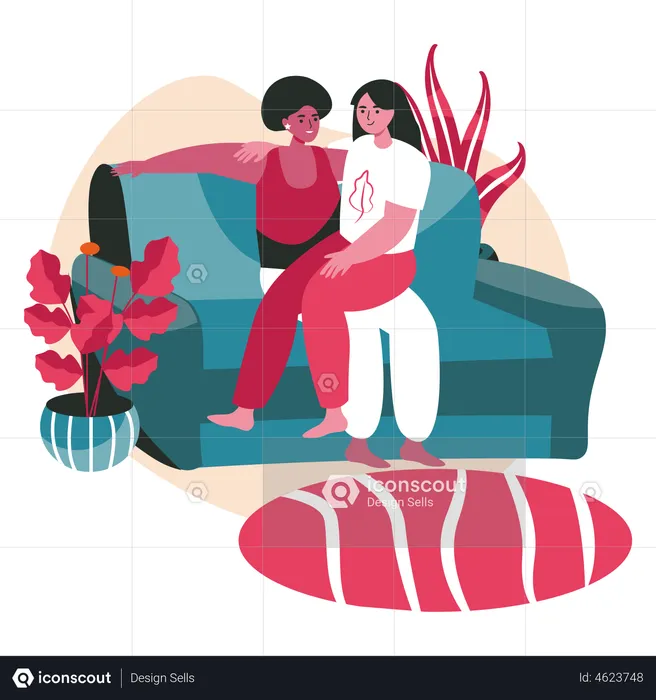 Lesbian couple relaxing on couch  Illustration