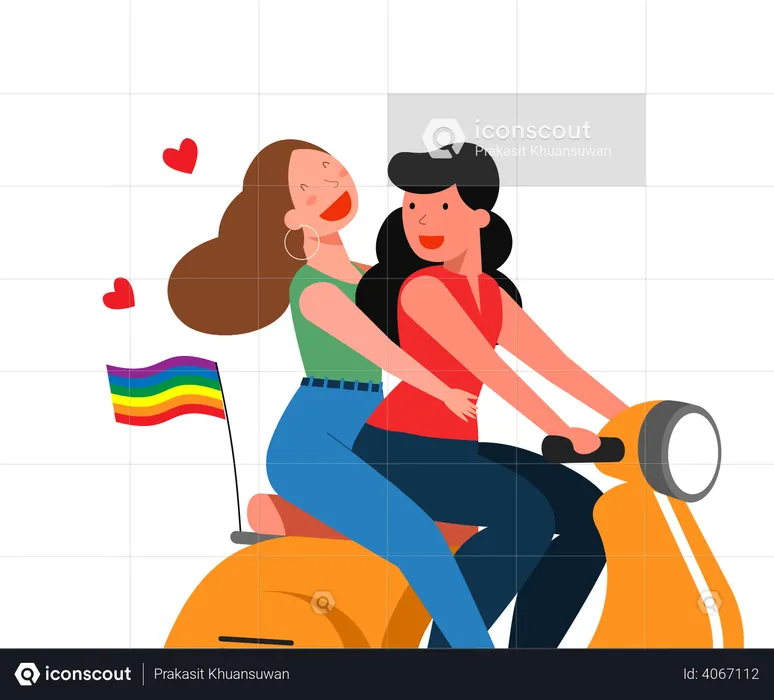 Lesbian couple riding bike together  Illustration