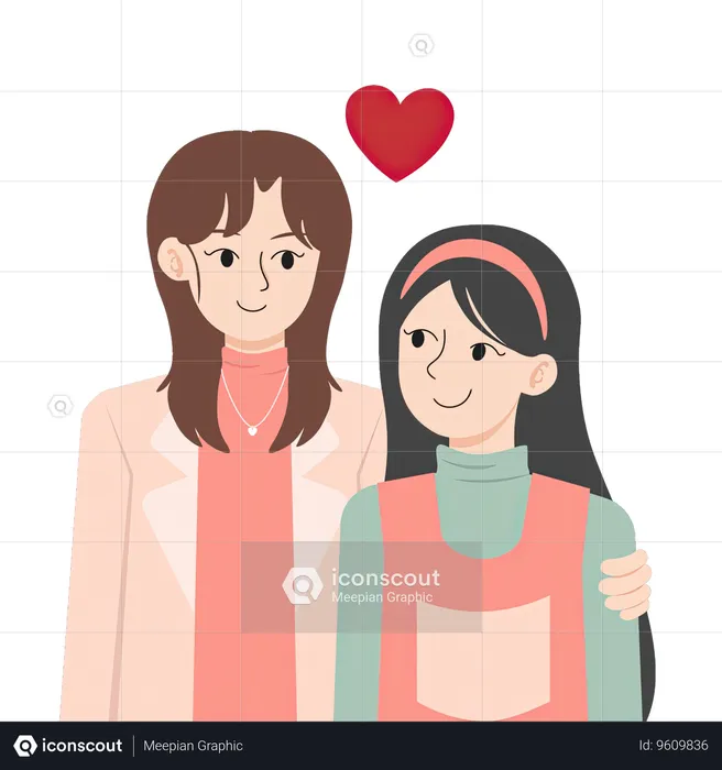 Lesbian couple with hearts above their heads  Illustration