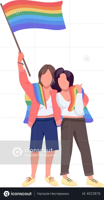 Lesbian couple with rainbow flag  Illustration