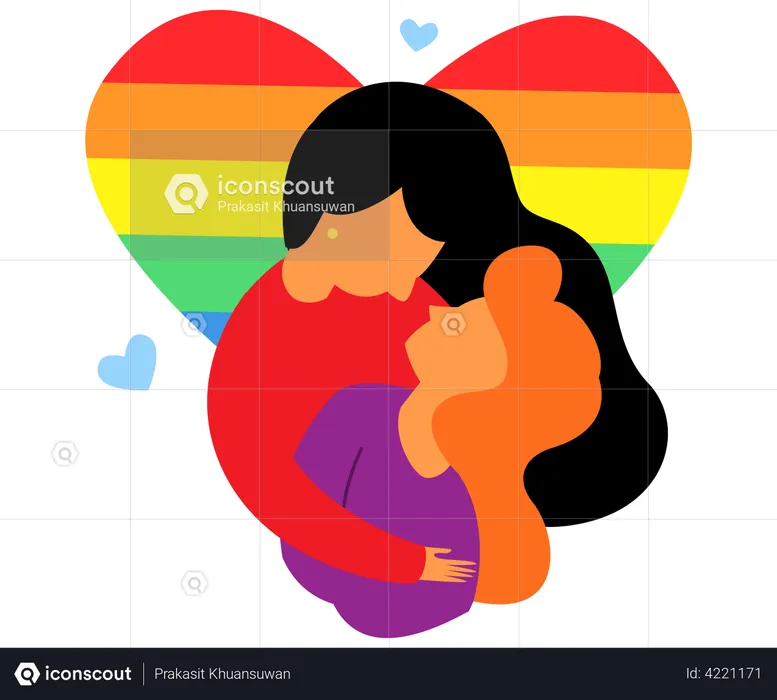 Lesbian couple with rainbow heart  Illustration