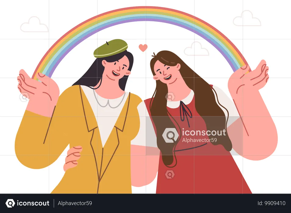 Lesbian girls hug holding LGBT rainbow and calling for fight for rights of sexual minorities  Illustration